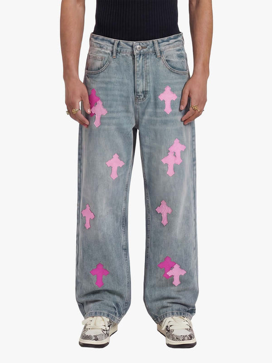 Vintage Washed Cross Patch Straight Leg Denim Jeans - 2605 