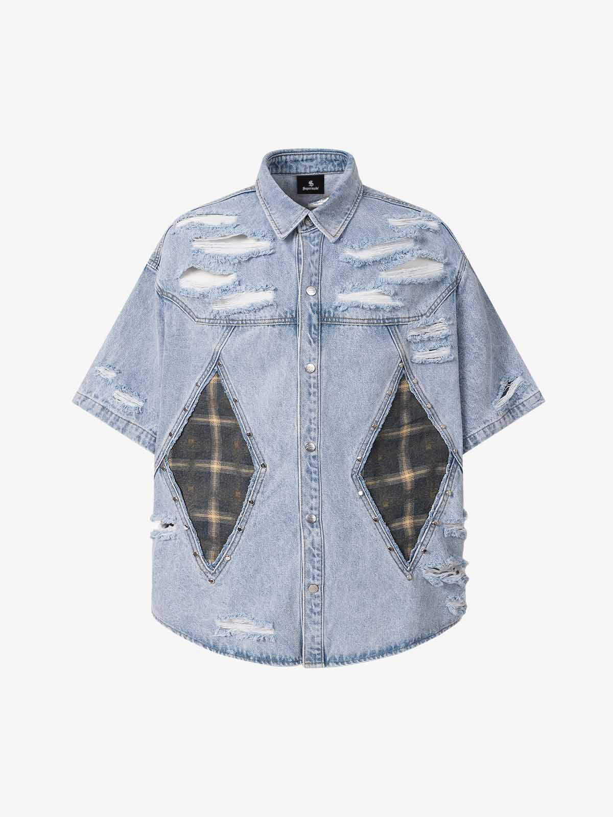 Retro Washed Plaid-Paneled Distressed Denim Set 