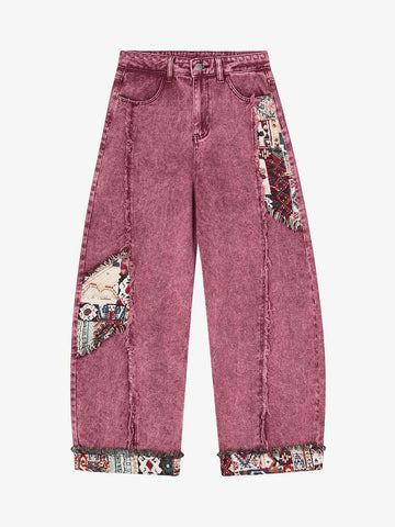 Boho Tapestry Patch Denim Jeans 