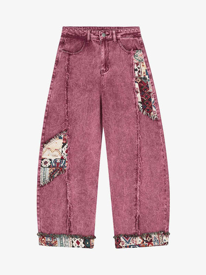 Boho Tapestry Patch Denim Jeans 