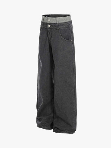 Vintage Washed Layered Waist Wide Leg Denim Jeans 