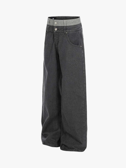 Vintage Washed Layered Waist Wide Leg Denim Jeans 