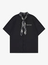 Plaid Scarf Sleeve Waffle Shirt with Letter Embroidery