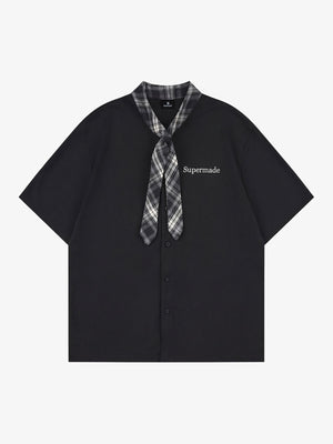 Plaid Scarf Sleeve Waffle Shirt with Letter Embroidery