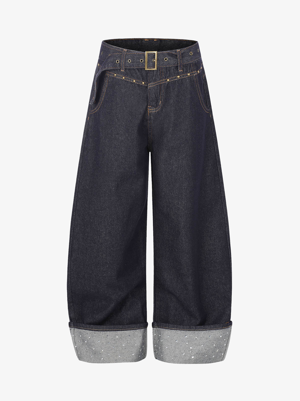 Thesupermade Raw Denim Rhinestone Turn-up Baggy Jeans