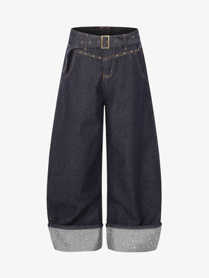 Thesupermade Raw Denim Rhinestone Turn-up Baggy Jeans