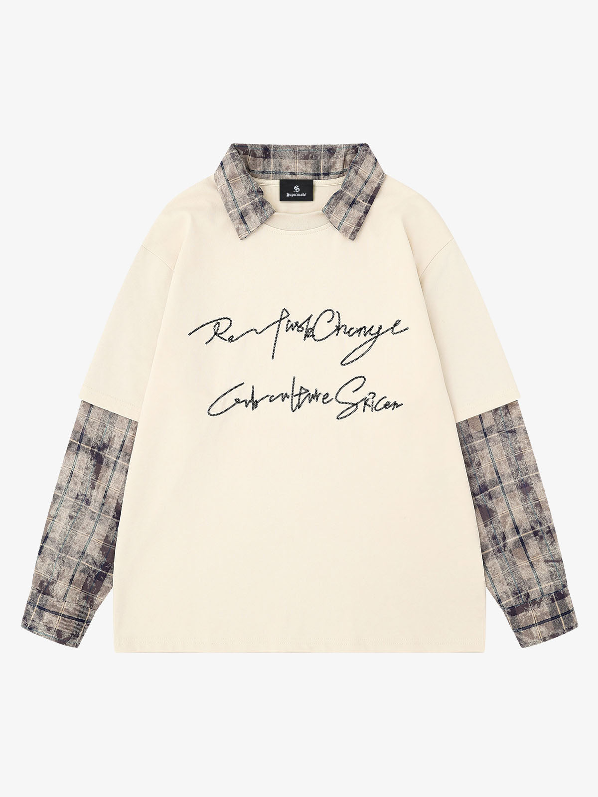 Plaid Patchwork Graphic Long Sleeve Tee