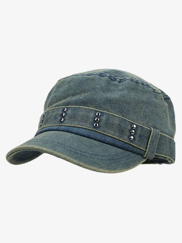Distressed Stud Detail Cotton Flat Top Cap 