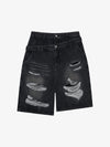 Double Waistband Ripped Denim Shorts