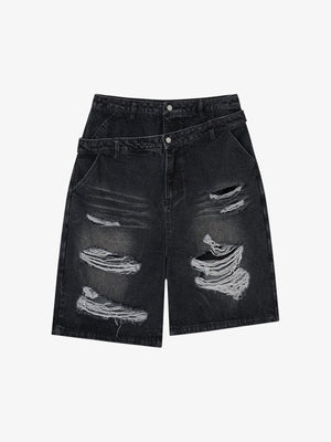 Double Waistband Ripped Denim Shorts