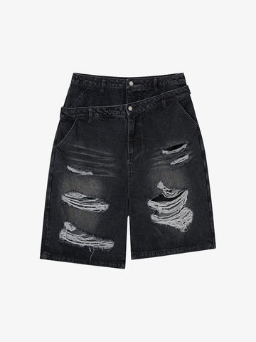 Double Waistband Ripped Denim Shorts