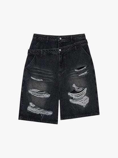 Double Waistband Ripped Denim Shorts