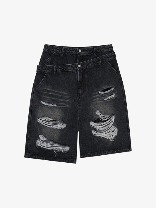 Double Waistband Ripped Denim Shorts