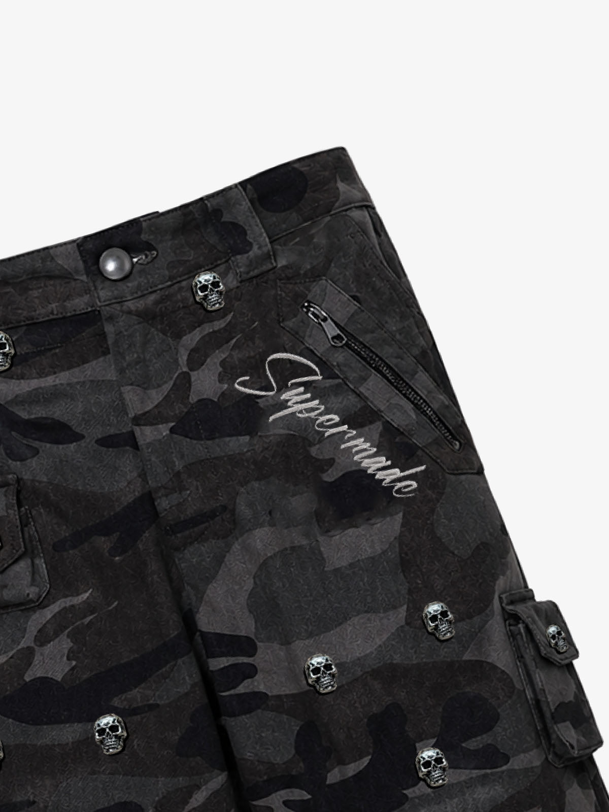 Dark Camo Cargo Pants with Skull Rivet Detail
