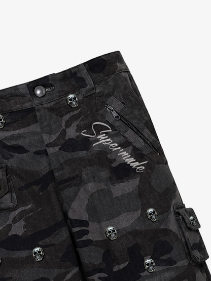 Dark Camo Cargo Pants with Skull Rivet Detail