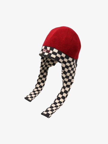 Retro Checkerboard Knit Color-Block Earflap Beanie Hat 
