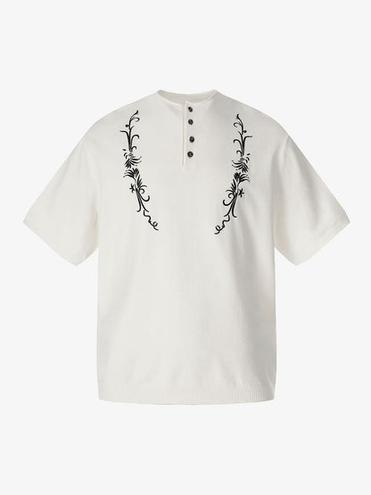 Graphic Floral Knit Henley T-Shirt 