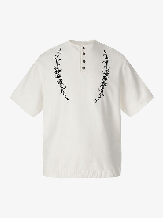 Graphic Floral Knit Henley T-Shirt 