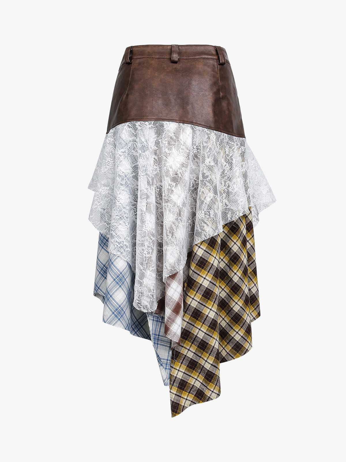 Thesupermade Faux Leather Irregular Lace Plaid Patchwork Skirt