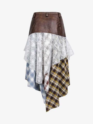 Thesupermade Faux Leather Irregular Lace Plaid Patchwork Skirt