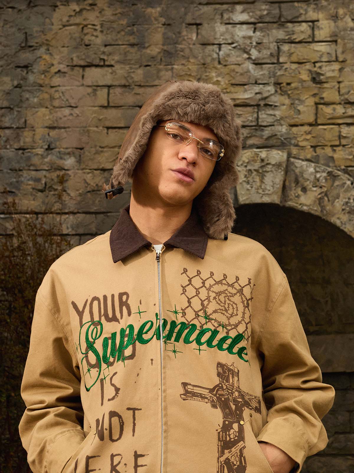 Supermade “Your God Is Not Here” Slogan Print Color-Blocked Embroidered Retro Canvas Jacket 