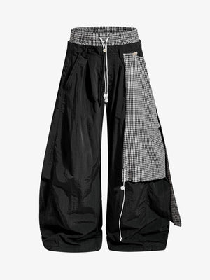 Navy Blue Polyamide Oversized Wide-Leg Trousers with Plaid Panel & Drawstring Waist – Lightweight, Breathable, Streetwear Style