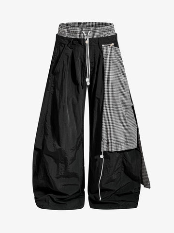 Navy Blue Polyamide Oversized Wide-Leg Trousers with Plaid Panel & Drawstring Waist – Lightweight, Breathable, Streetwear Style