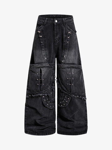 Dark Wash Denim Pants with Silver Studs – Relaxed Fit Streetwear Jeans