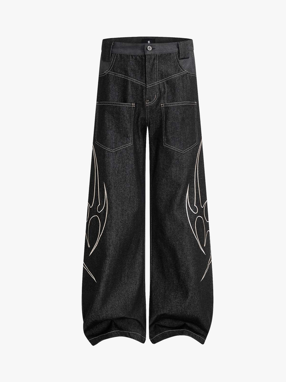 Flame Embroidered Wide Leg Washed Denim Jeans 