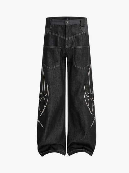 Flame Embroidered Wide Leg Washed Denim Jeans 