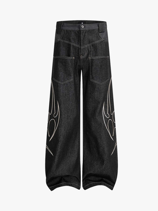 Flame Embroidered Wide Leg Washed Denim Jeans 