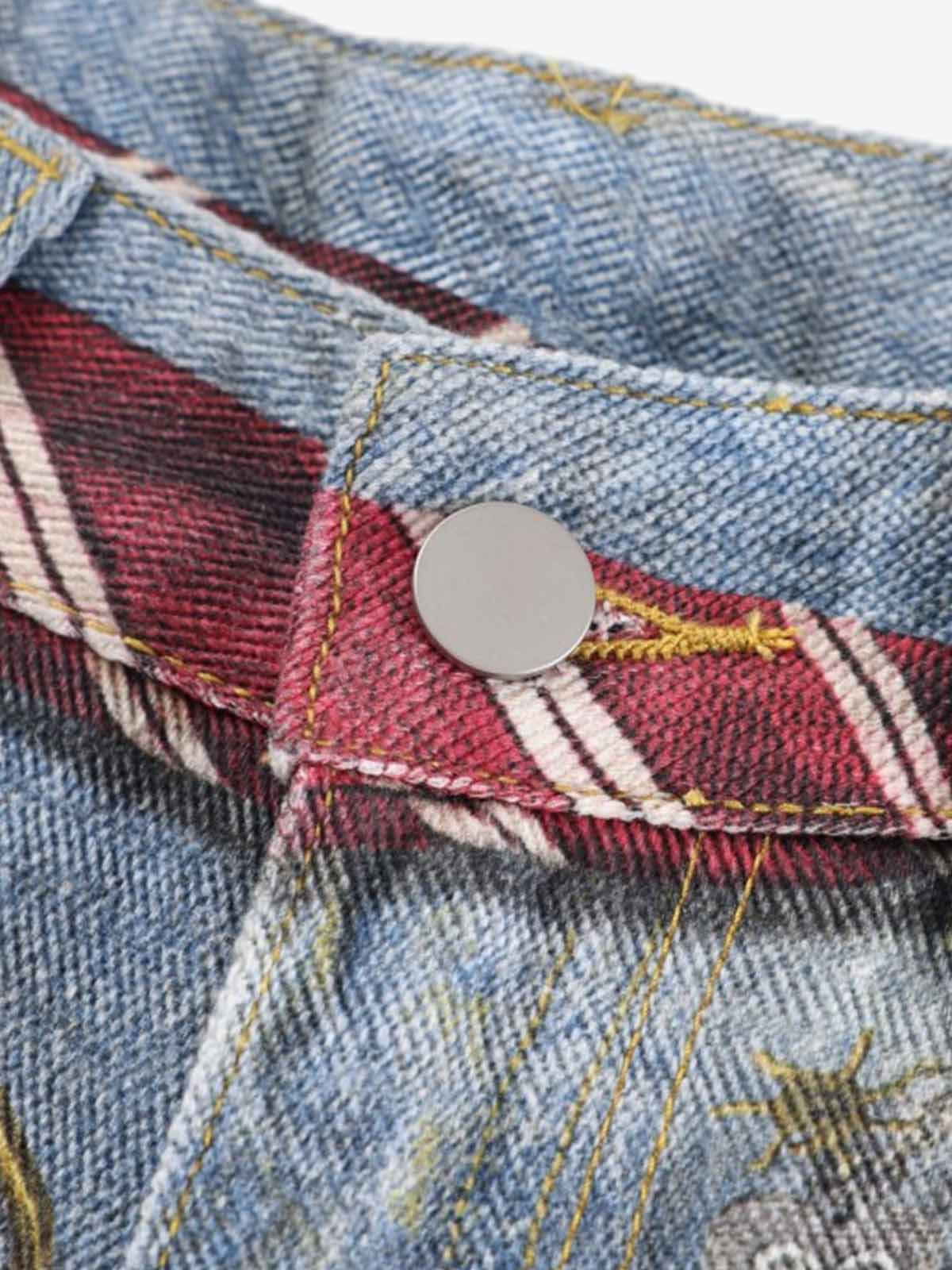 Tie Graphic Print Vintage Wash Wide Leg Denim Jeans 
