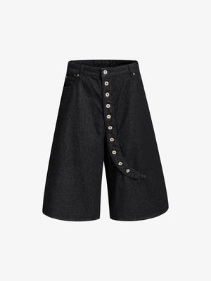 Asymmetric Multi-Button Fly Wide-Leg Denim Jorts 