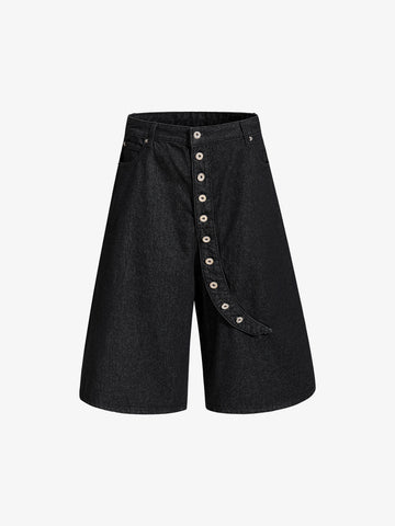 Asymmetric Multi-Button Fly Wide-Leg Denim Jorts 