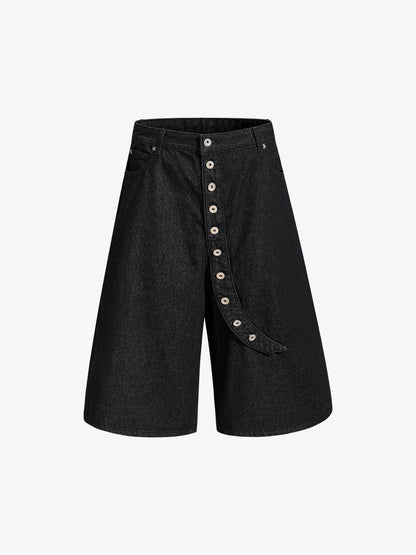 Asymmetric Multi-Button Fly Wide-Leg Denim Jorts 
