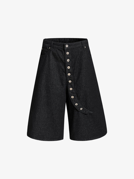Asymmetric Multi-Button Fly Wide-Leg Denim Jorts