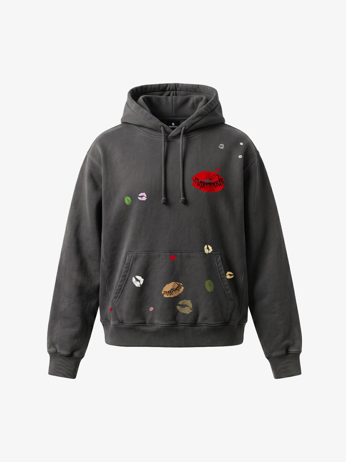 Fleece Cotton Blend Hoodie with Lip Print Embroidery