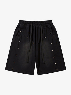 Industrial Grunge Style Acid Wash Studded Shorts