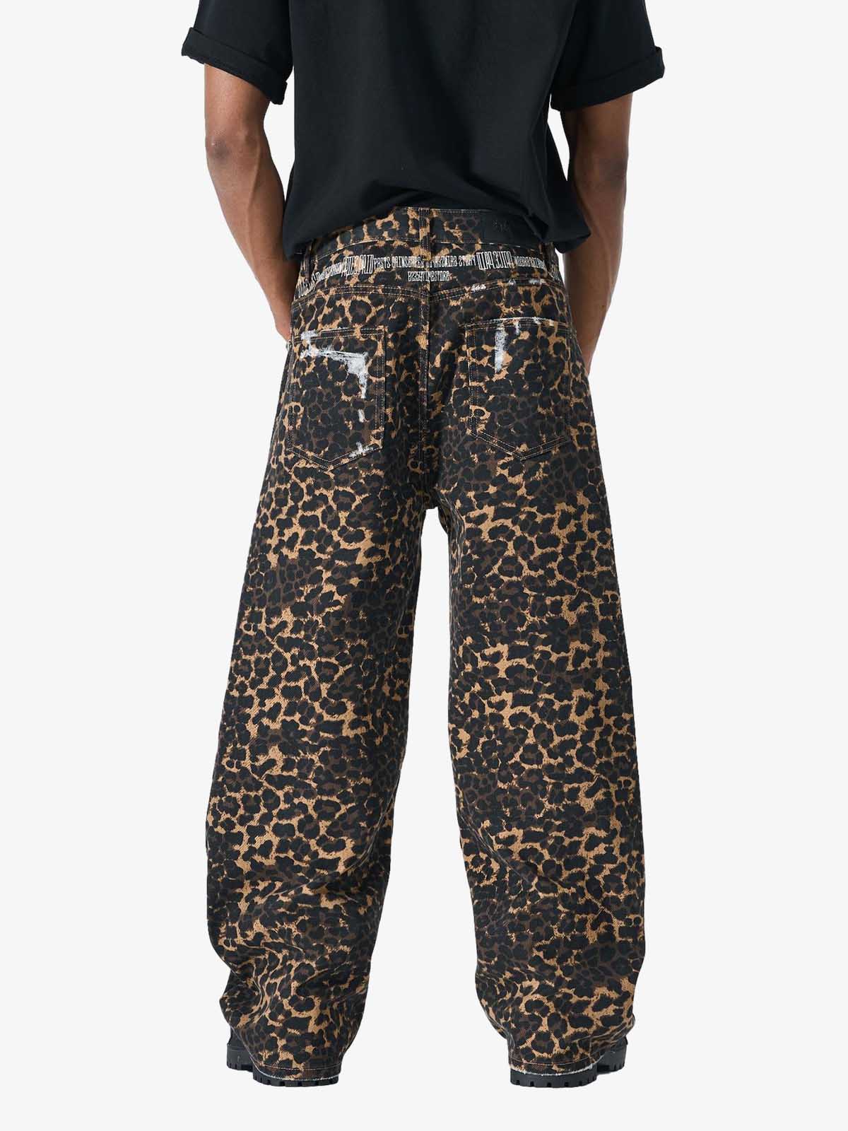 Bold Leopard Print Distressed Wide-Leg Jeans 