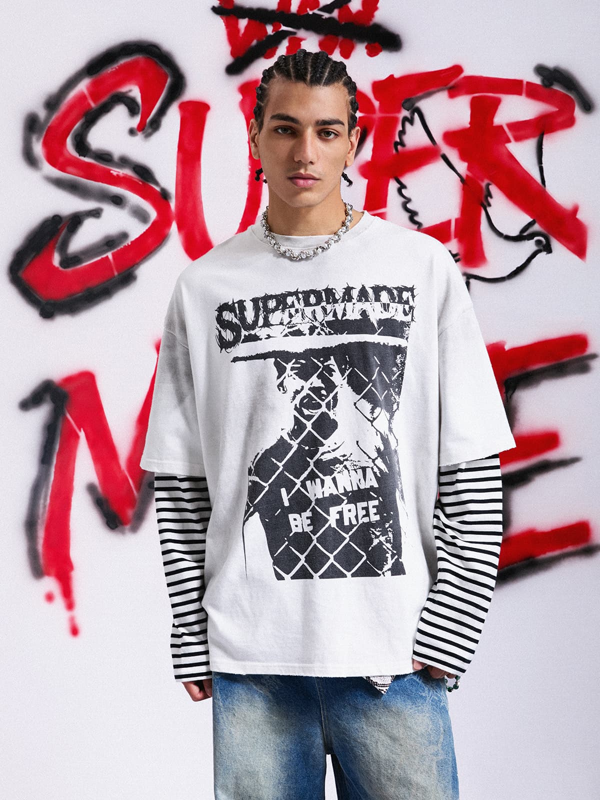 Grunge Graphic Distressed Cage Striped Long-Sleeve T-Shirt 