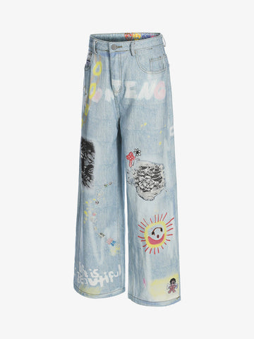 Retro Spray Graffiti Fun Straight Jeans - 2448 