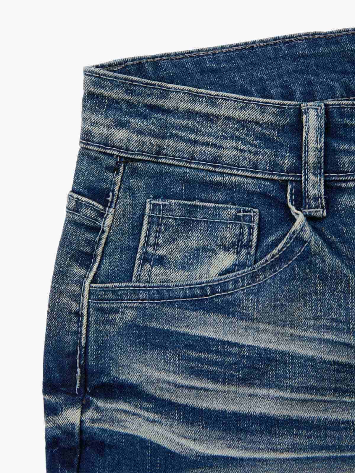 Vintage Distressed Button Fly Ruched Panel Flared Jeans 