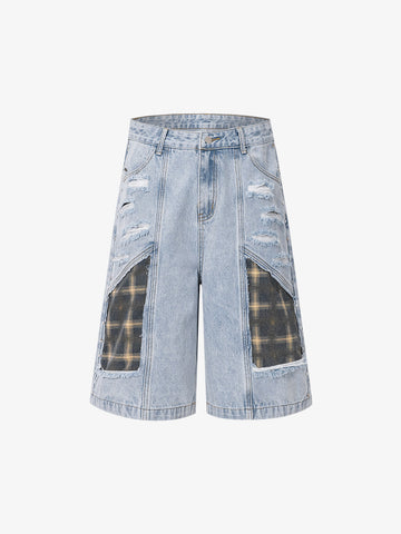 Retro Washed Plaid-Paneled Distressed Denim Set 