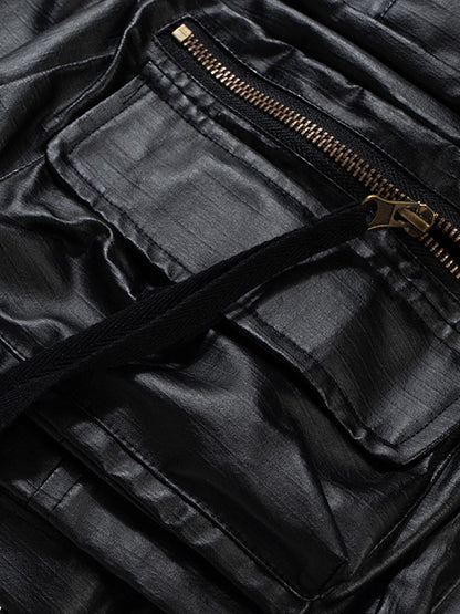 Drawstring Faux Leather Cargo Shorts