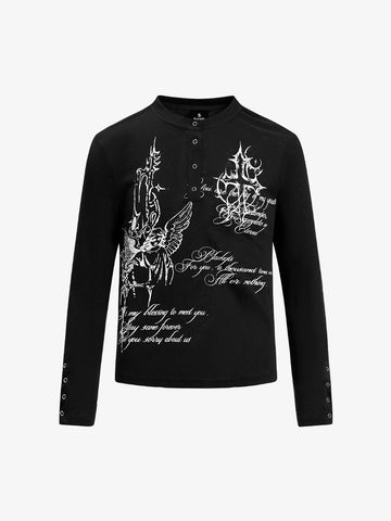 Gothic Angel Graphic Long Sleeve Henley T-Shirt 