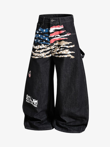 Thesupermade Flag Graffiti Raw Denim Baggy Jeans