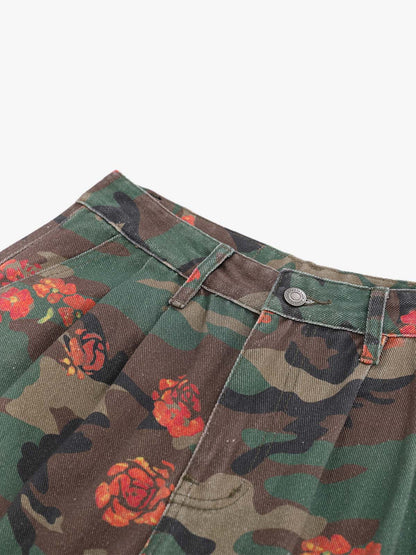 Vintage Floral Camo Multi-Pocket Cargo Shorts 