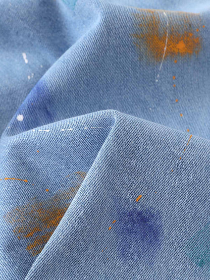 Paint Splatter Denim Wide-Leg Shorts – 100% Cotton Streetwear