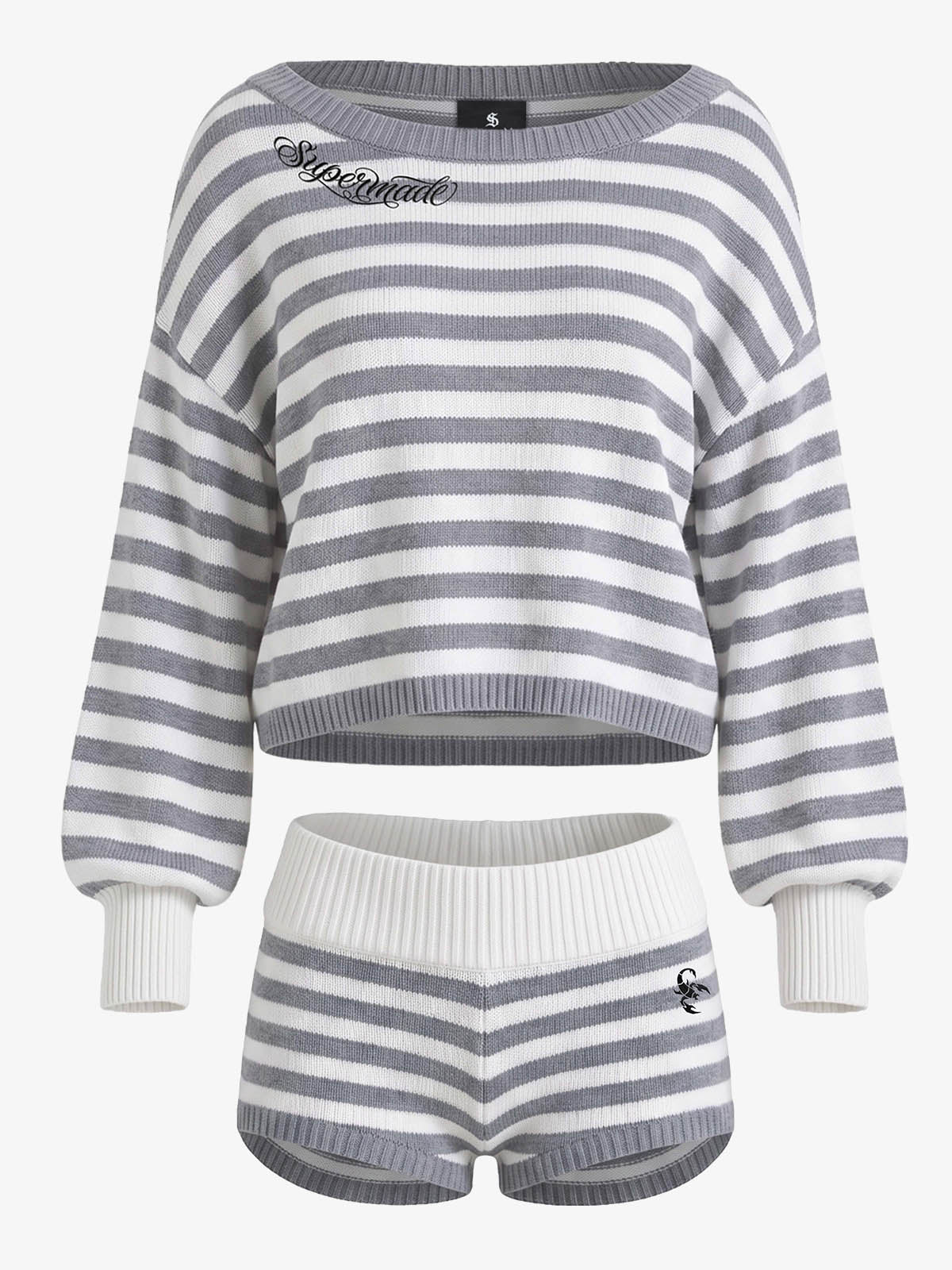 Scorpion Embroidered Off-Shoulder Striped Knit Set