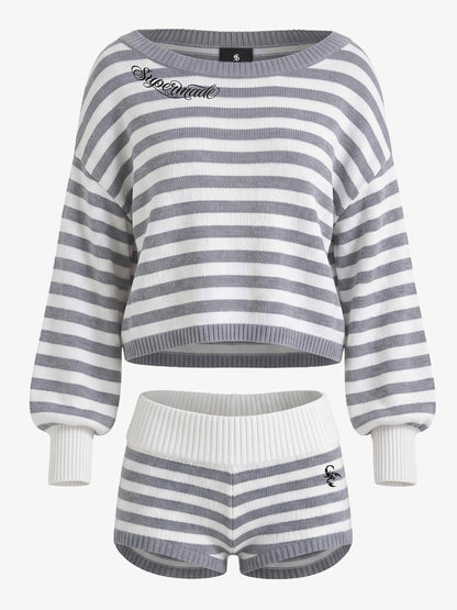 Scorpion Embroidered Off-Shoulder Striped Knit Set